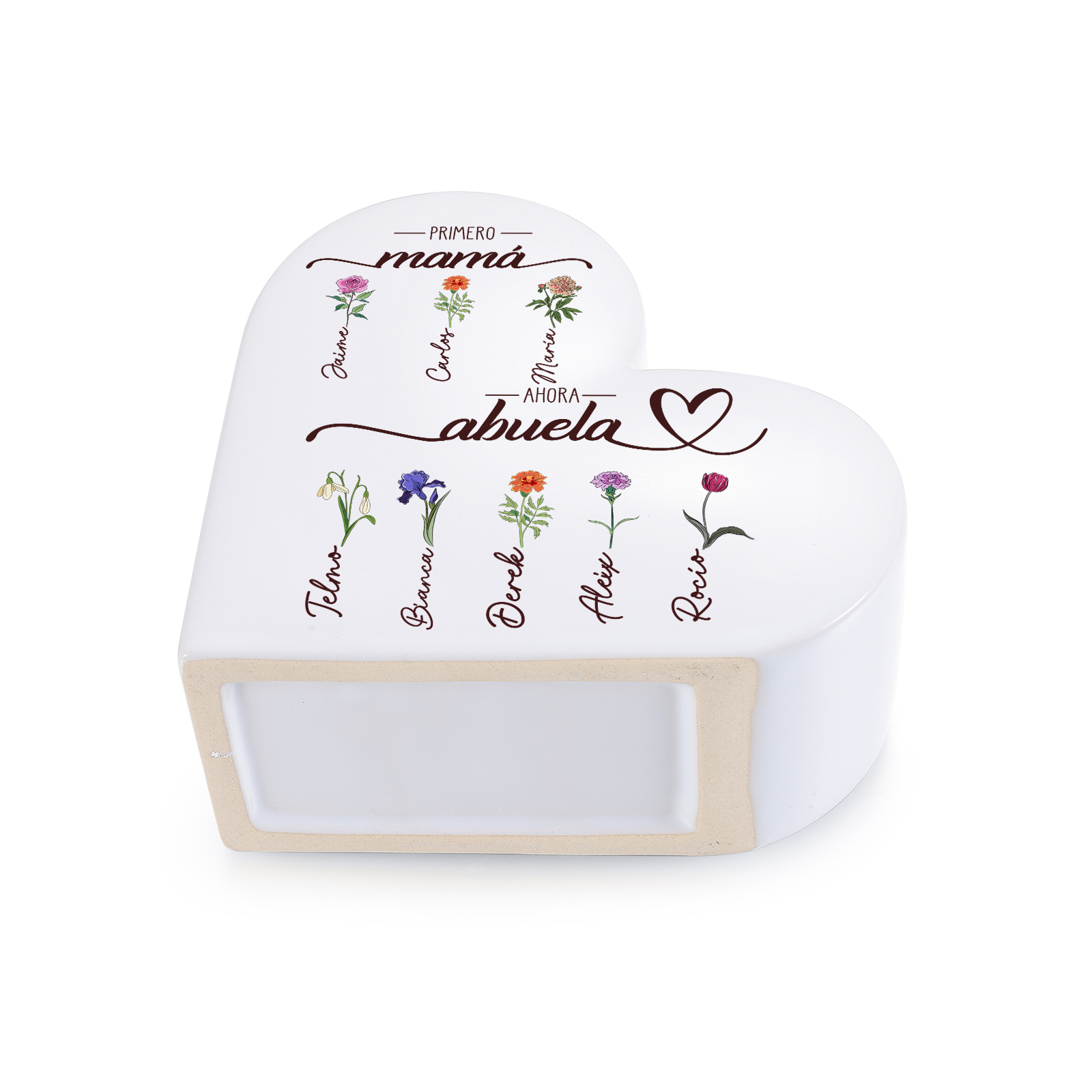 Jarrón de cerámica personalizado con forma de corazón «Primero mamá, ahora abuela», personalizado con 2–10 flores de nacimiento y nombres