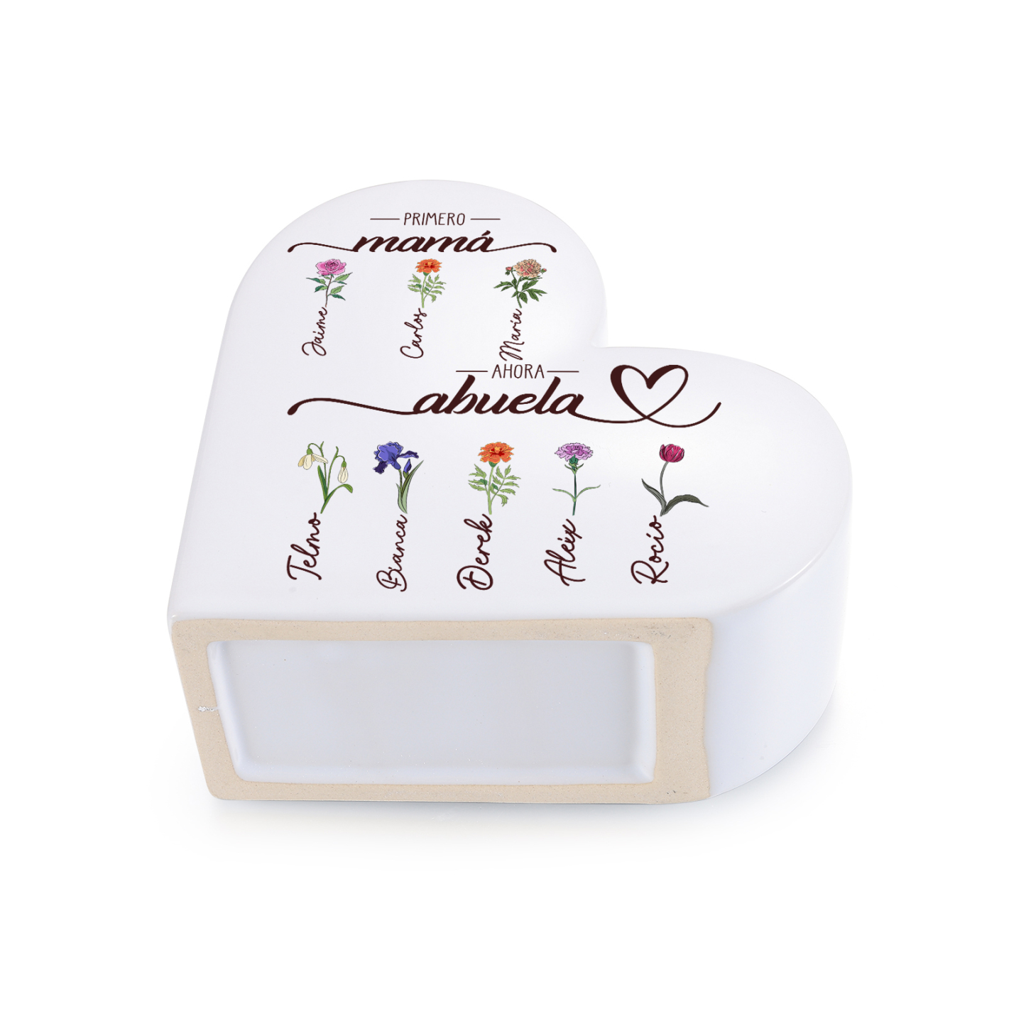 Jarrón de cerámica personalizado con forma de corazón «Primero mamá, ahora abuela», personalizado con 2–10 flores de nacimiento y nombres