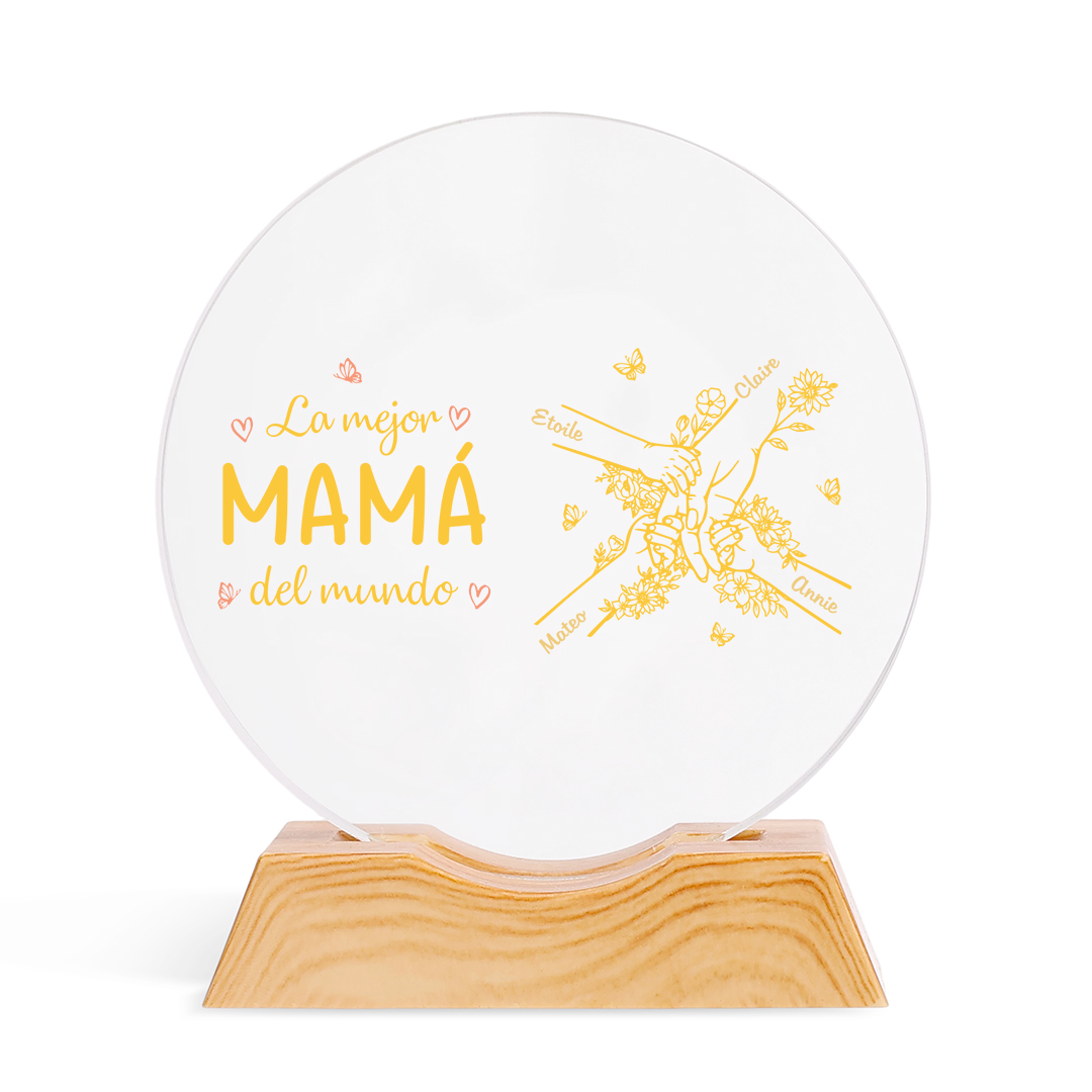 Lámpara de noche LED de cristal personalizada “La mejor mamá del mundo” con 2 a 7 nombres