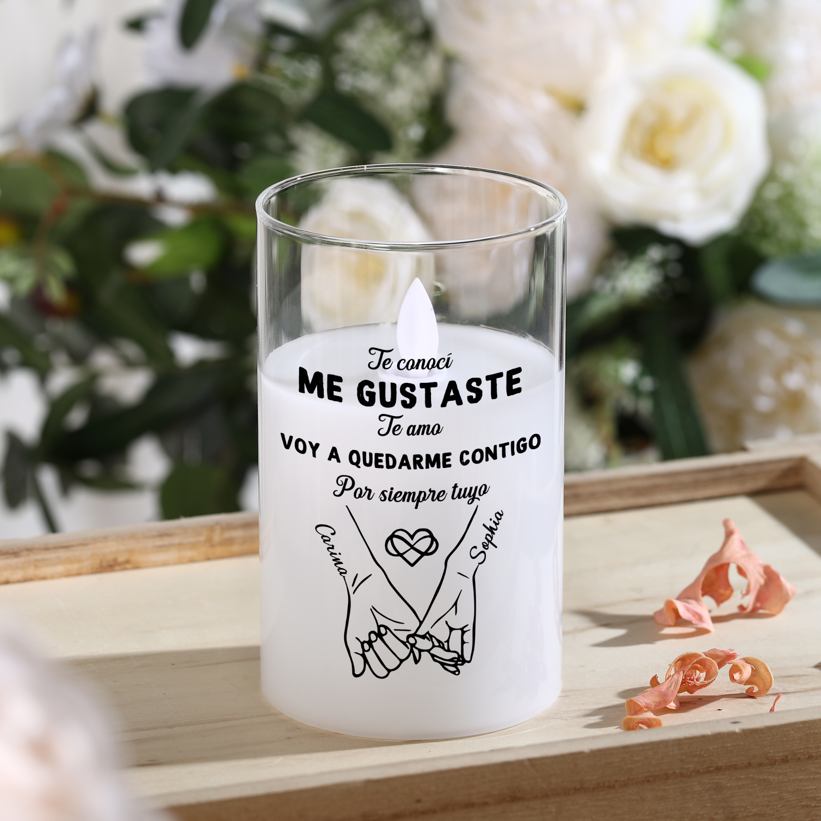 Vela LED personalizada con nombres en vidrio – regalo romántico para parejas