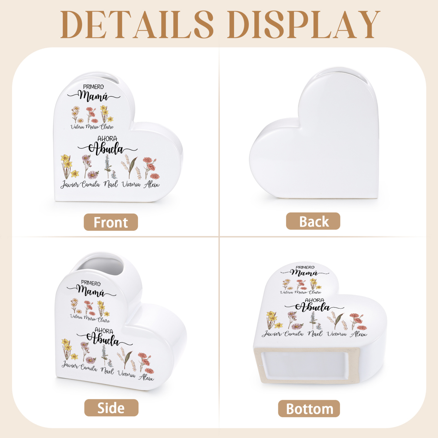 Jarrón corazón de cerámica personalizado con 2 a 10 nombres y flores de nacimiento, regalo para el Día de la Madre para la abuela y la mamá