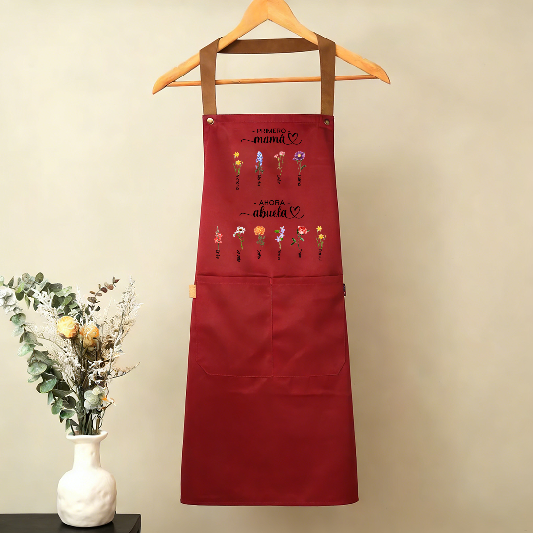 Delantal personalizado «Primero mamá, ahora abuela», personalizado con 2-16 nombres y flores de nacimiento