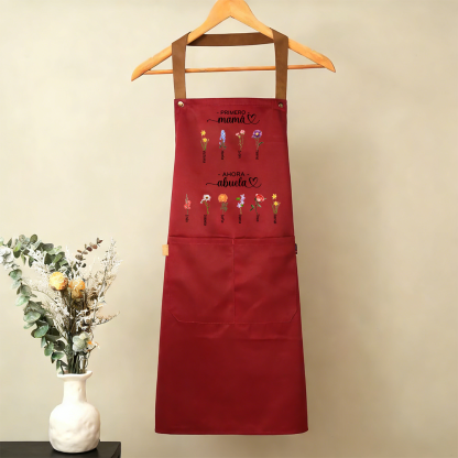 Delantal personalizado «Primero mamá, ahora abuela», personalizado con 2-16 nombres y flores de nacimiento