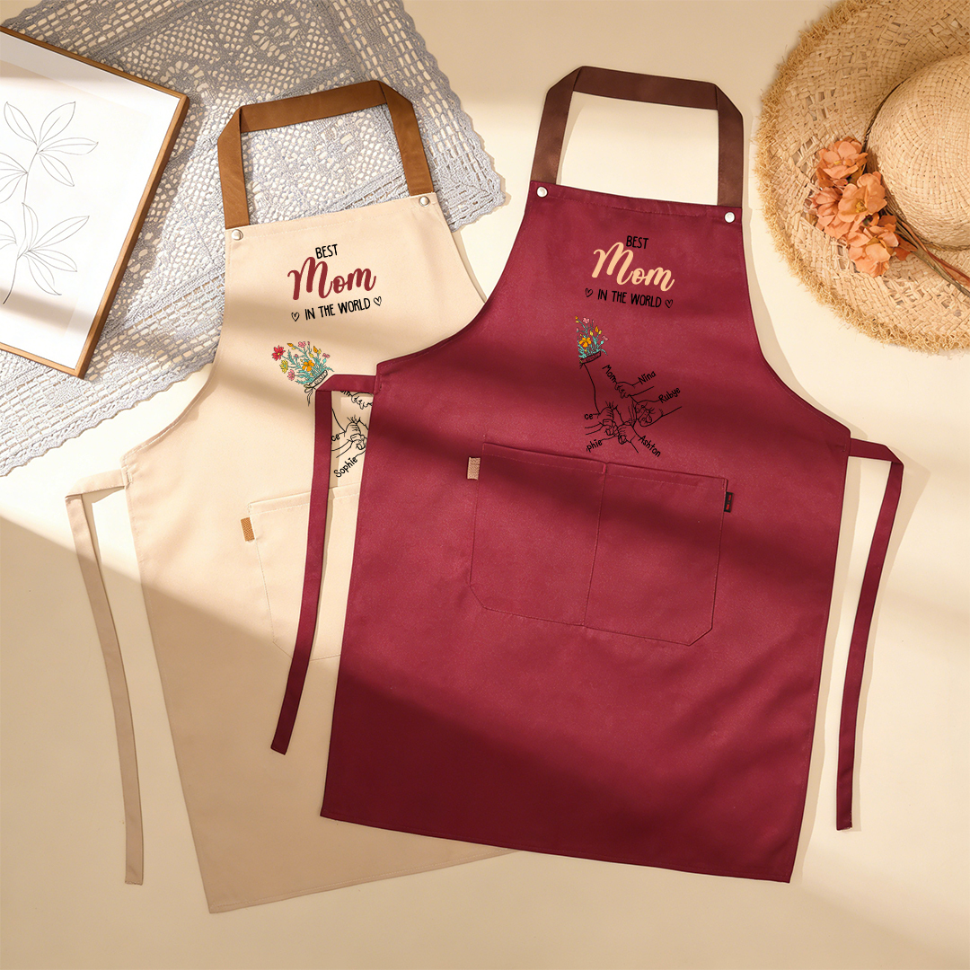 Delantal de cocina floral personalizado con manos entrelazadas, personalizado con 2–7 nombres, regalo para mamá o abuela