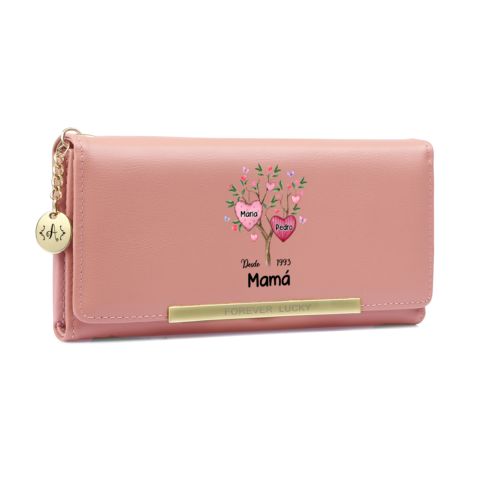 Cartera personalizada para mujer con diseño de árbol genealógico en forma de corazón con 2–8 nombres