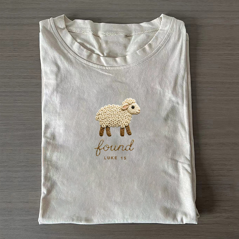 Minimalist Found Lamb Luke 15 Christian Embroidered  T-shirt