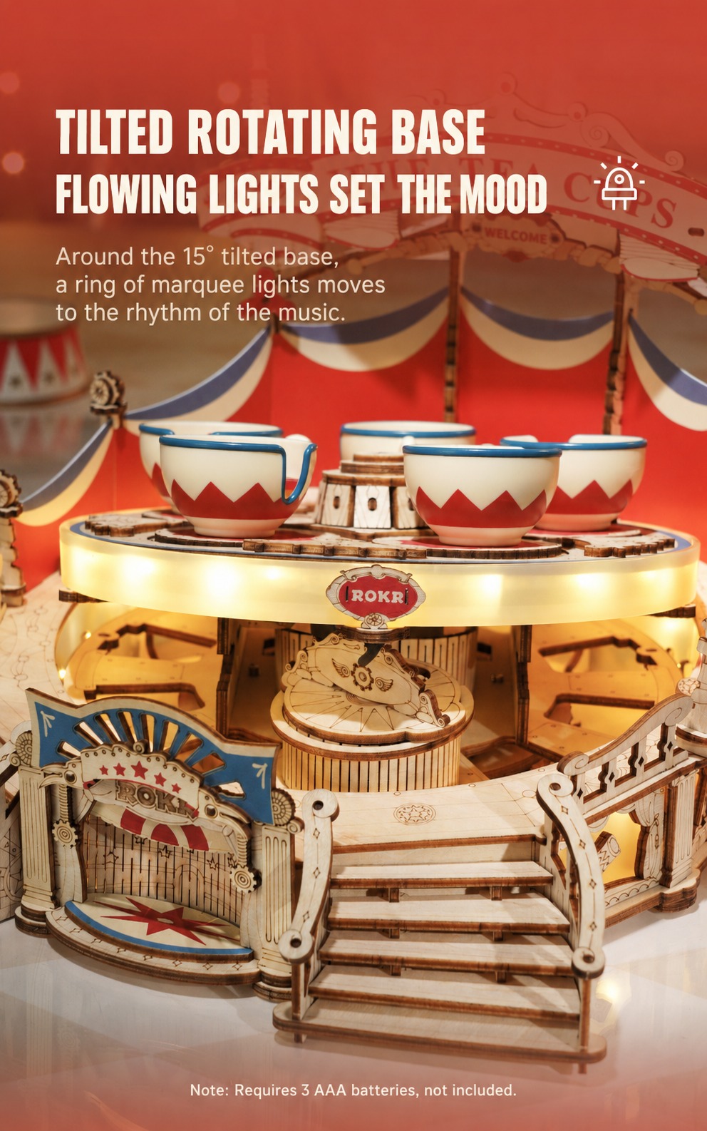 ROKR Tilt-A-Whirl EA04 tilted rotating base with flowing marquee lights around the five tea cups