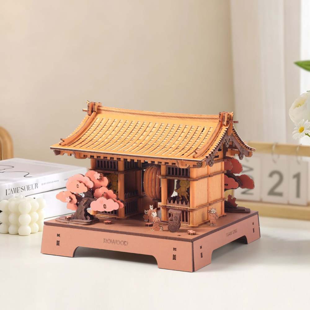 Rowood Sacred Sakura Temple TGA08 modelo de madeira montado com telhado em camadas e flores de cerejeira