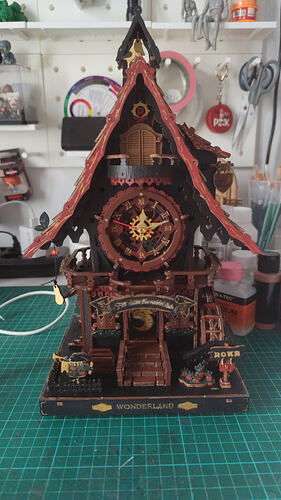 Front view of a hand-painted gothic-themed ROKR Cuckoo Clock