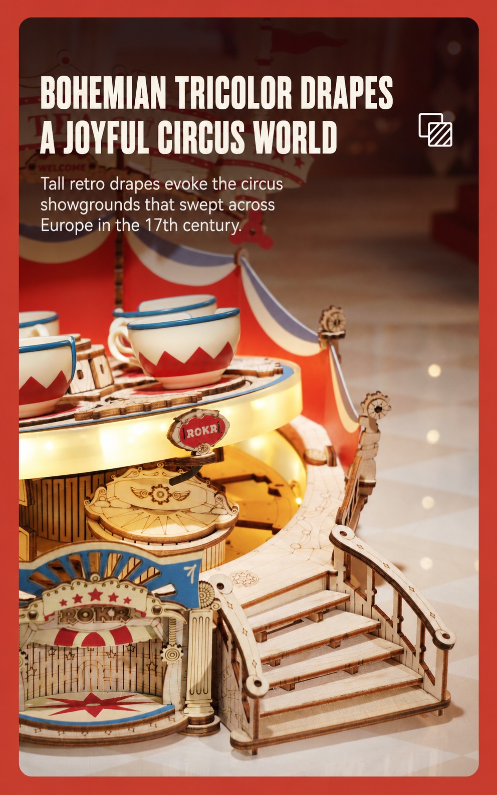 ROKR Tilt-A-Whirl EA04 miniature circus world design with bohemian tricolor drapes and illuminated tea cup ride details
