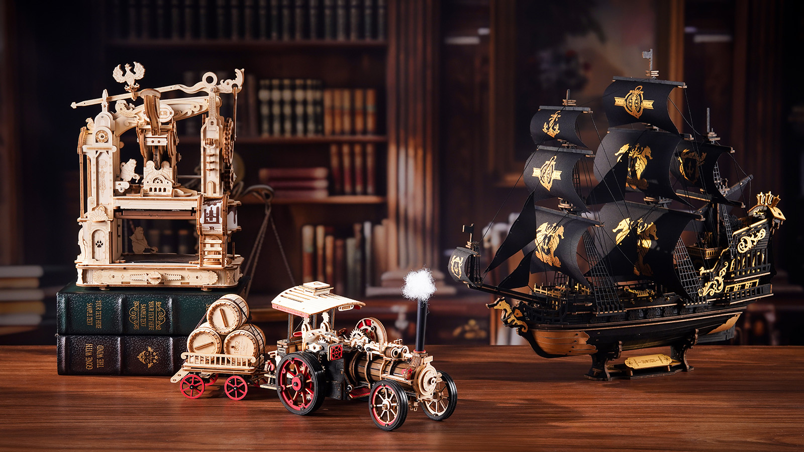 ROKR The Seahorse Barque, Classic Printing Press, and Steam Engine on the table create a classic retro atmosphere.