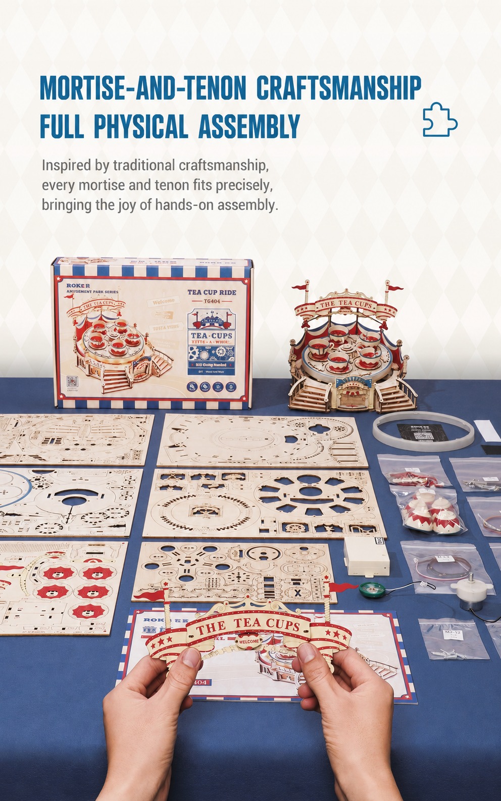 ROKR Tilt-A-Whirl EA04 mortise-and-tenon assembly layout with wooden sheets, accessories, instructions, and finished model