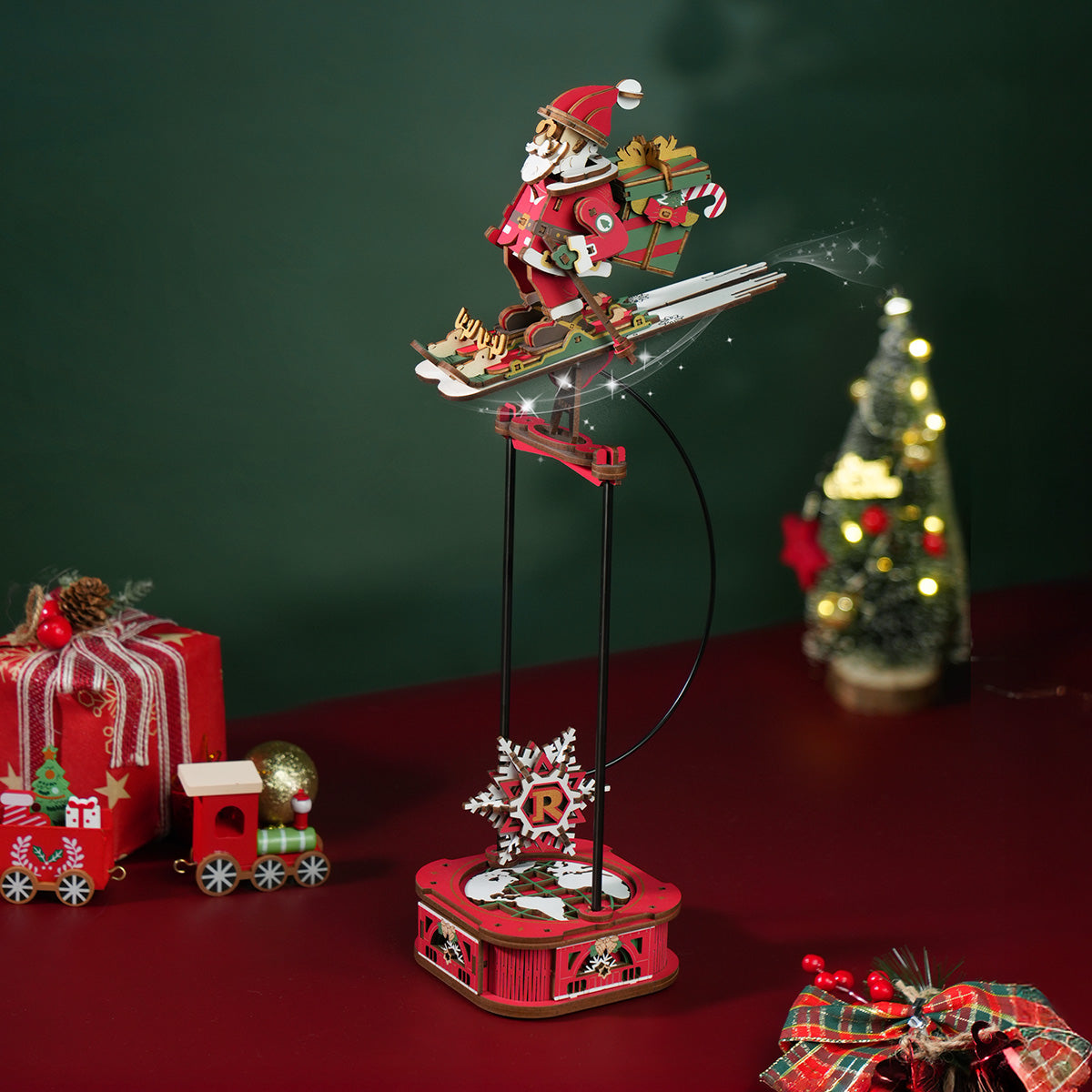 ROKR Santa on Skis Pendulum Balance Toy 3D Puzzle MCD06 3D wooden puzzle model, angled view showing detail and craftsmanship