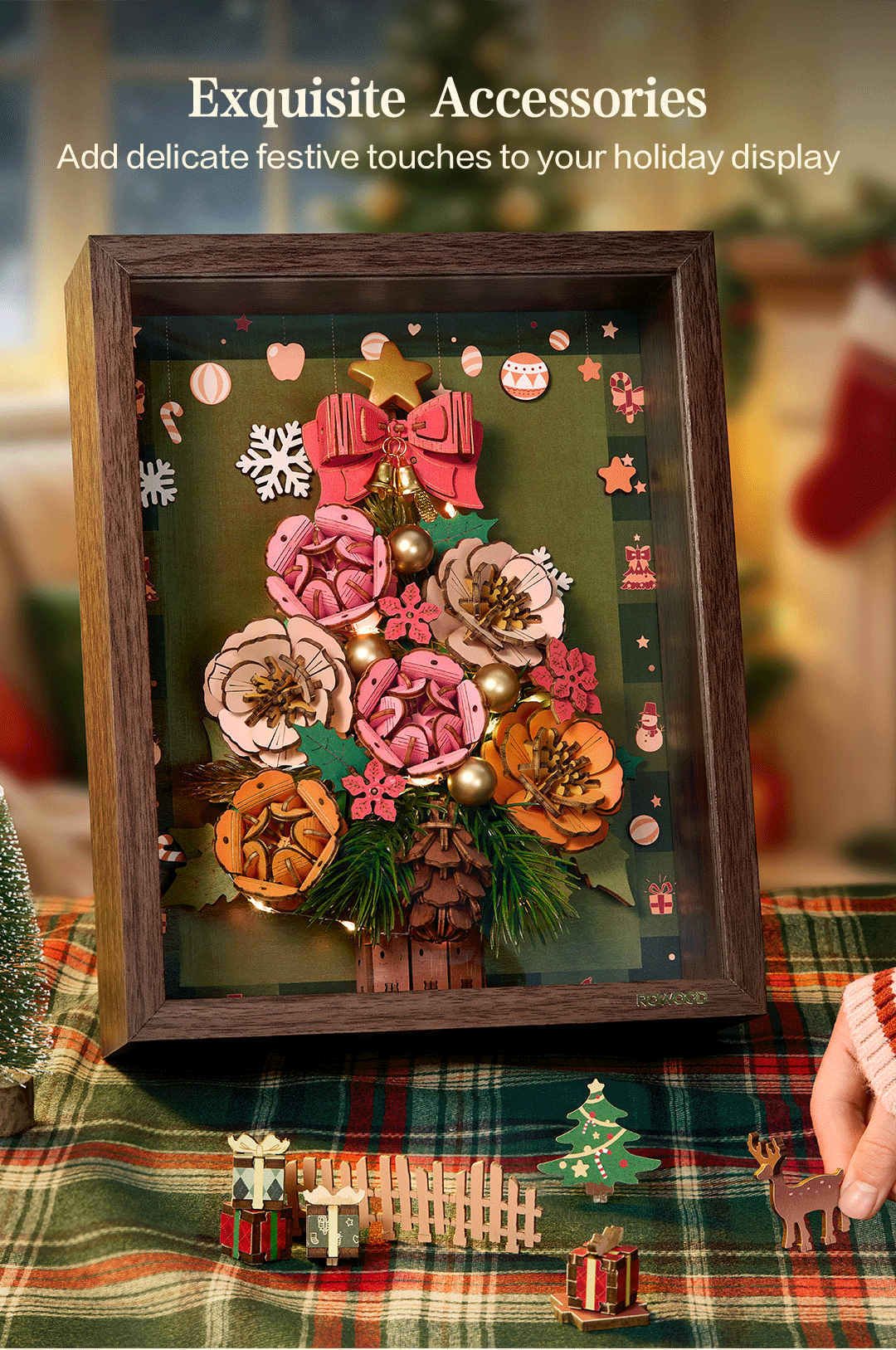 Miniature gift boxes, deer, and sleigh accessories for the Christmas scene