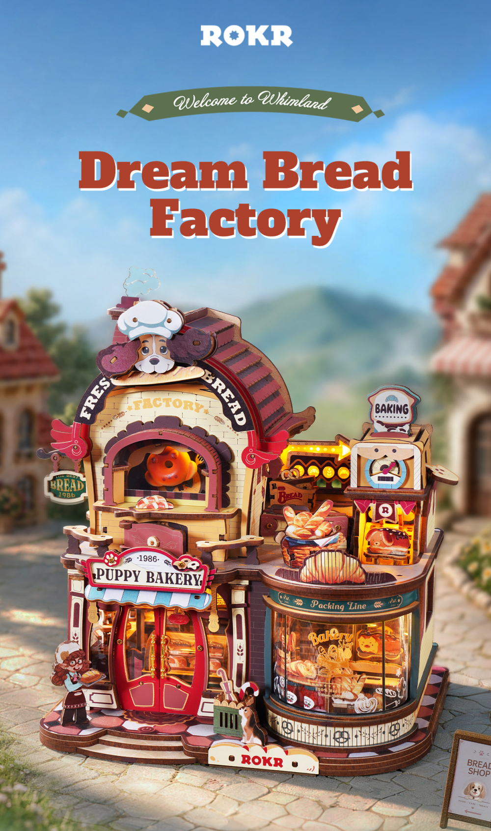 Two-story ROKR Dream Bread Factory with puppy chef, Puppy Bakery doors, and curved bread display window