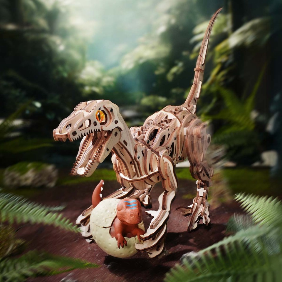 ROKR Velociraptor LD01 houten dinosauruspuzzel die uit een ei komt in een jungle scène