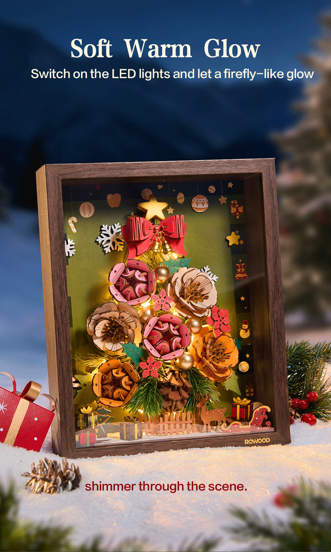 Warm LED lights illuminate the flowers and ornaments of Everglow Christmas Tree