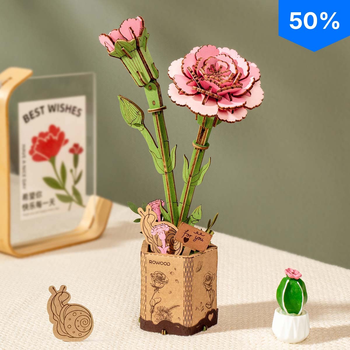 Rowood DIY Wooden Flower Pink Carnation TW051