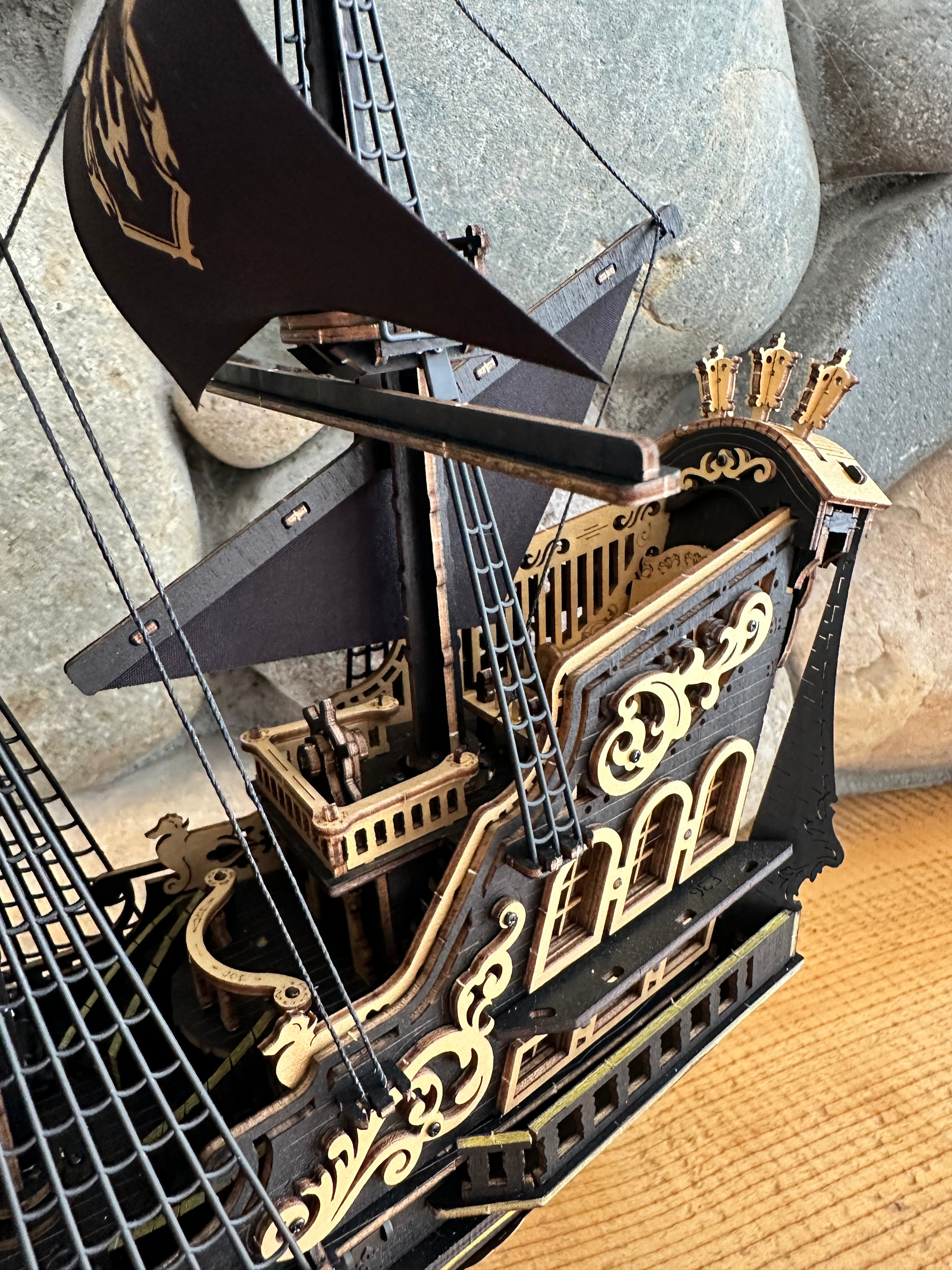 Side detail of Mchipman's assembled ROKR Seahorse Barque wooden ship model