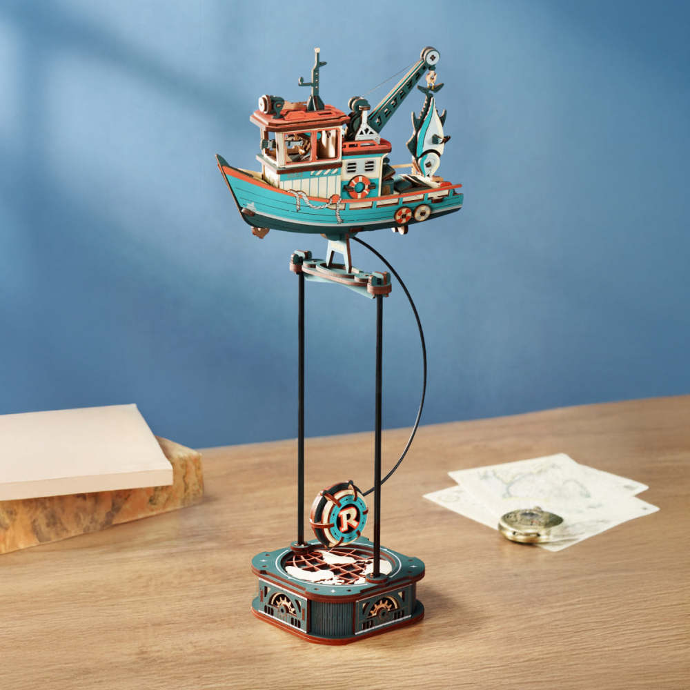 ROKR Lucky Trawler MCD08 fishing boat balance model on a tall stand