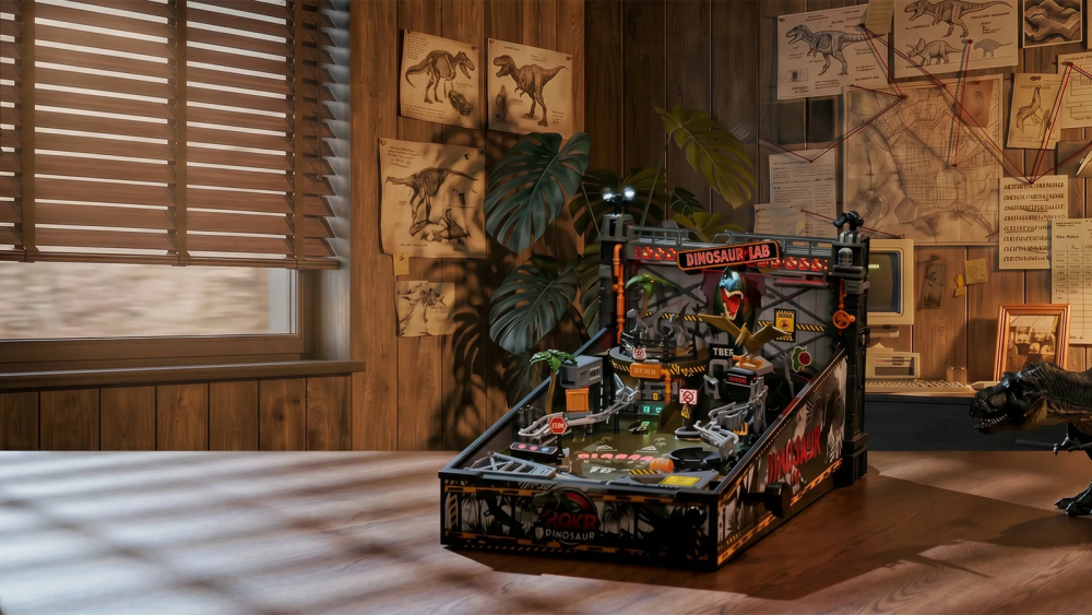 ROKR Dinosaur Lab Pinball MGP01 tabletop pinball machine with a dinosaur laboratory playfield