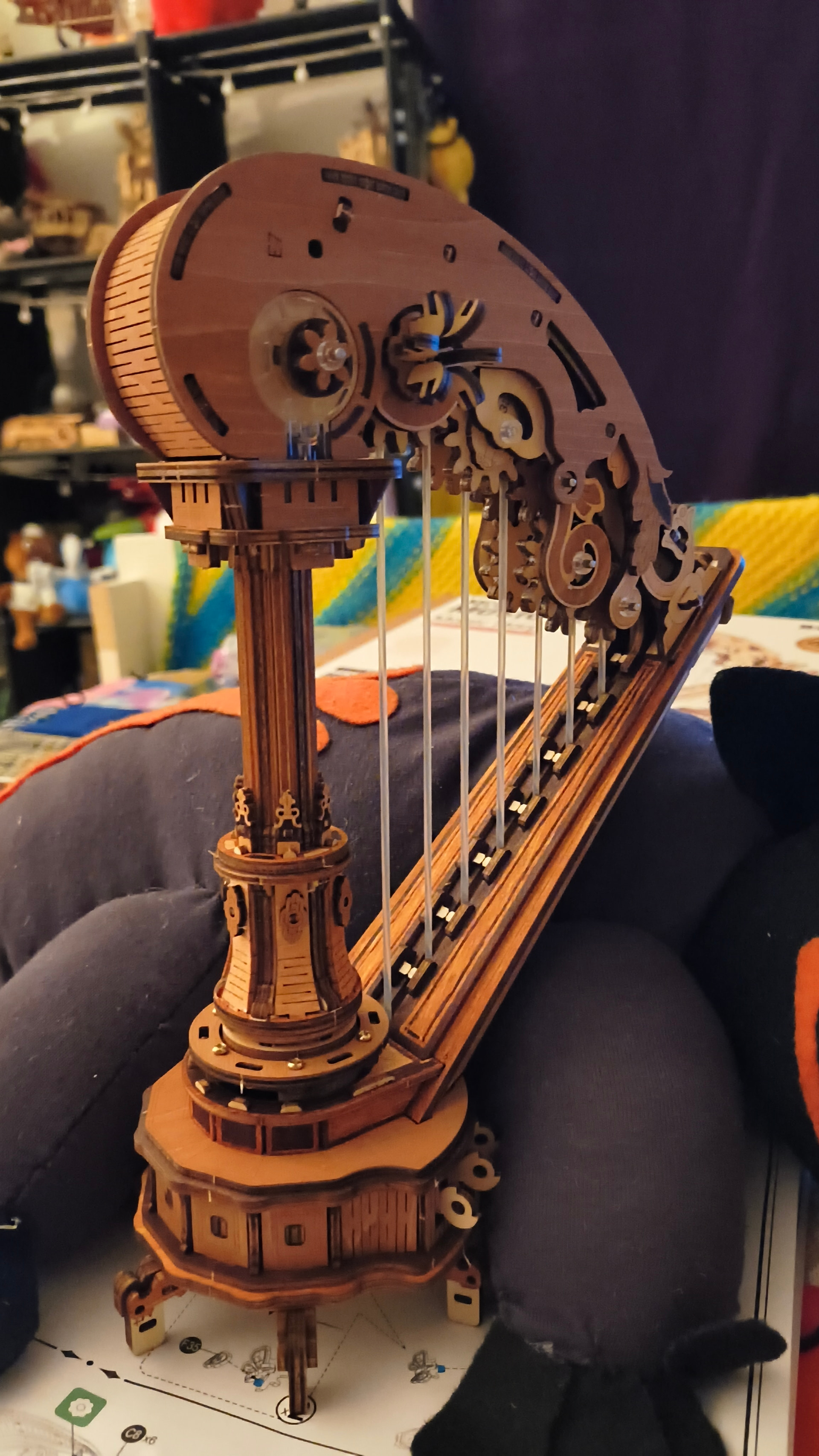 Nearly complete ROKR Magic Harp with strings, gears, column, and brown coloring visible before the final decoration