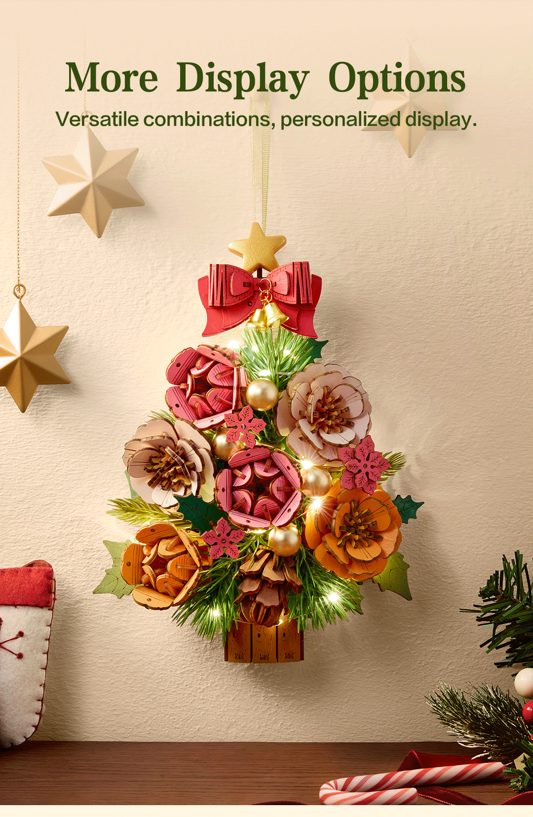 Layered floral Christmas tree shown separately from its frame