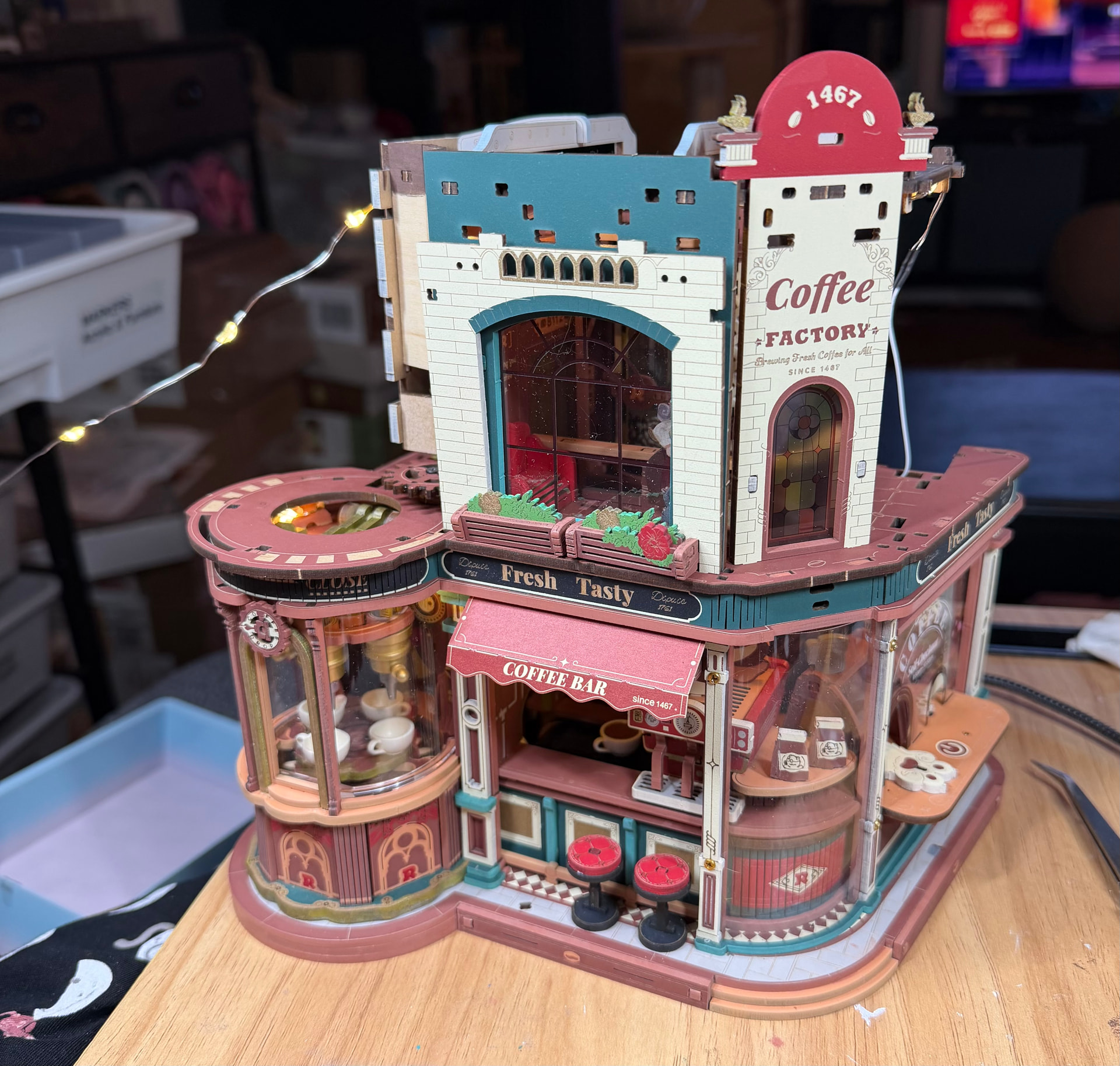 Dream Coffee Factory progress with custom edge painting and lights