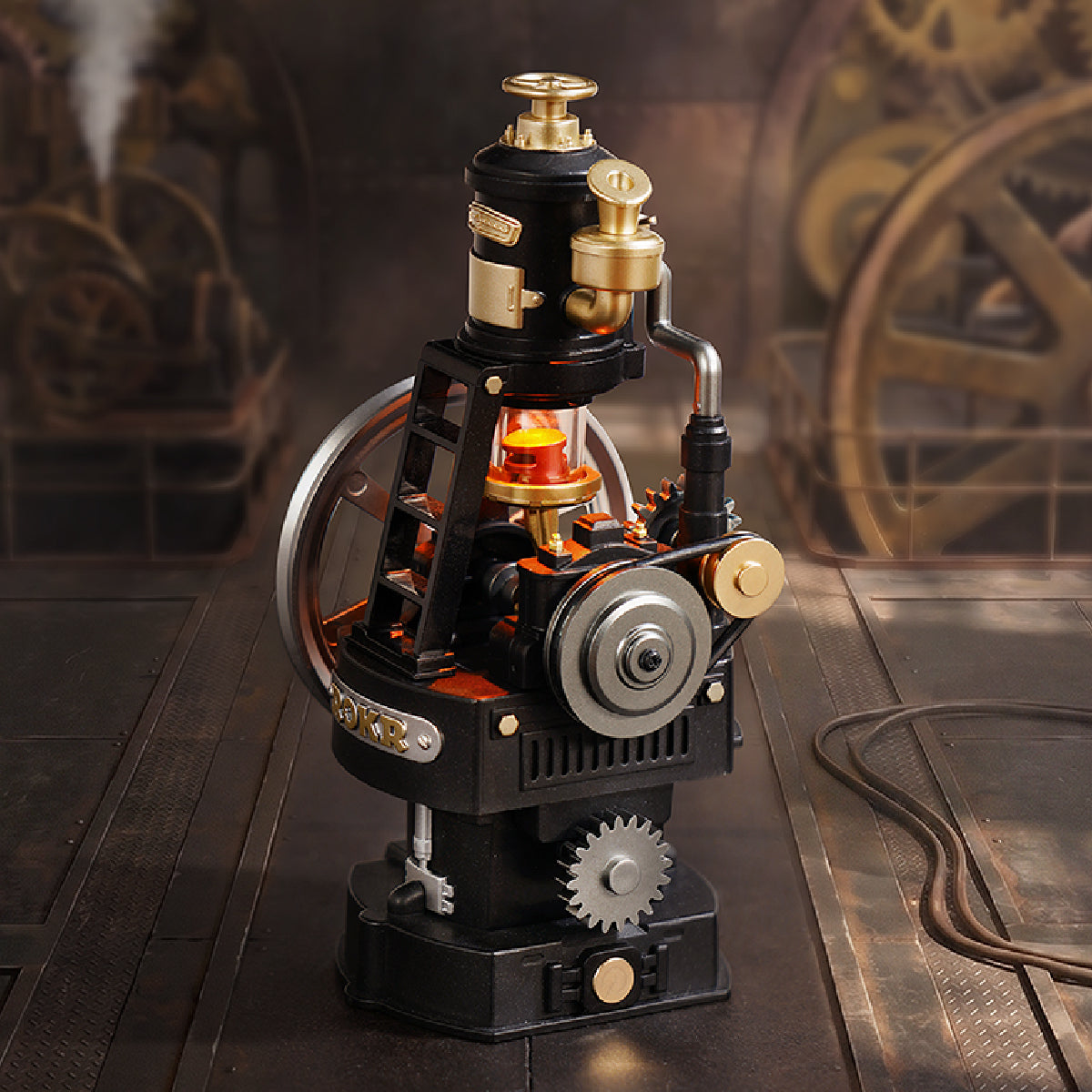 ROKR Thermo Engine CGM03 with visible flywheel and glowing cylinder
