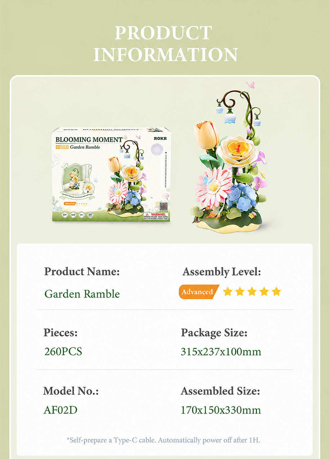 ROKR Garden Ramble AF02D - DIY Flower 3D Puzzle Kit feature detail panel showing product highlights for SKU AF02D