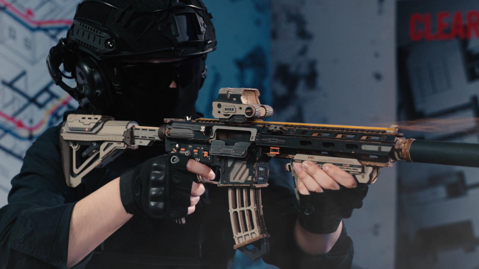 ROKR M416 Carbine: A Futuristic Wooden Blaster Built Piece by Piece