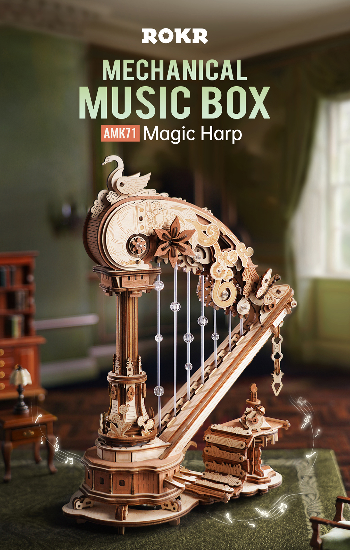 ROKR Magic Harp AMK71 - Wooden Music Box Model