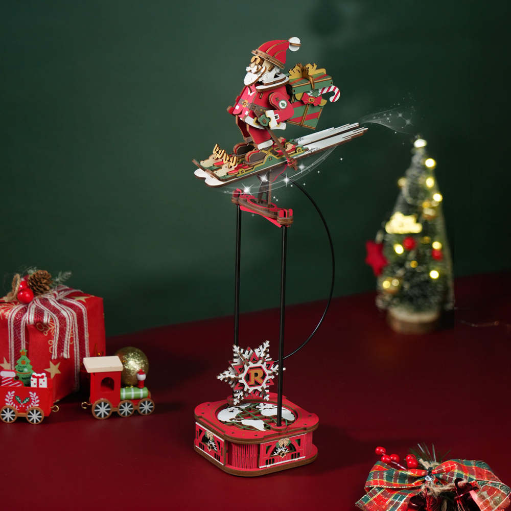 ROKR Santa on Skis Pendulum Balance Toy 3D Puzzle MCD06 3D wooden puzzle model, angled view showing detail and craftsmanship