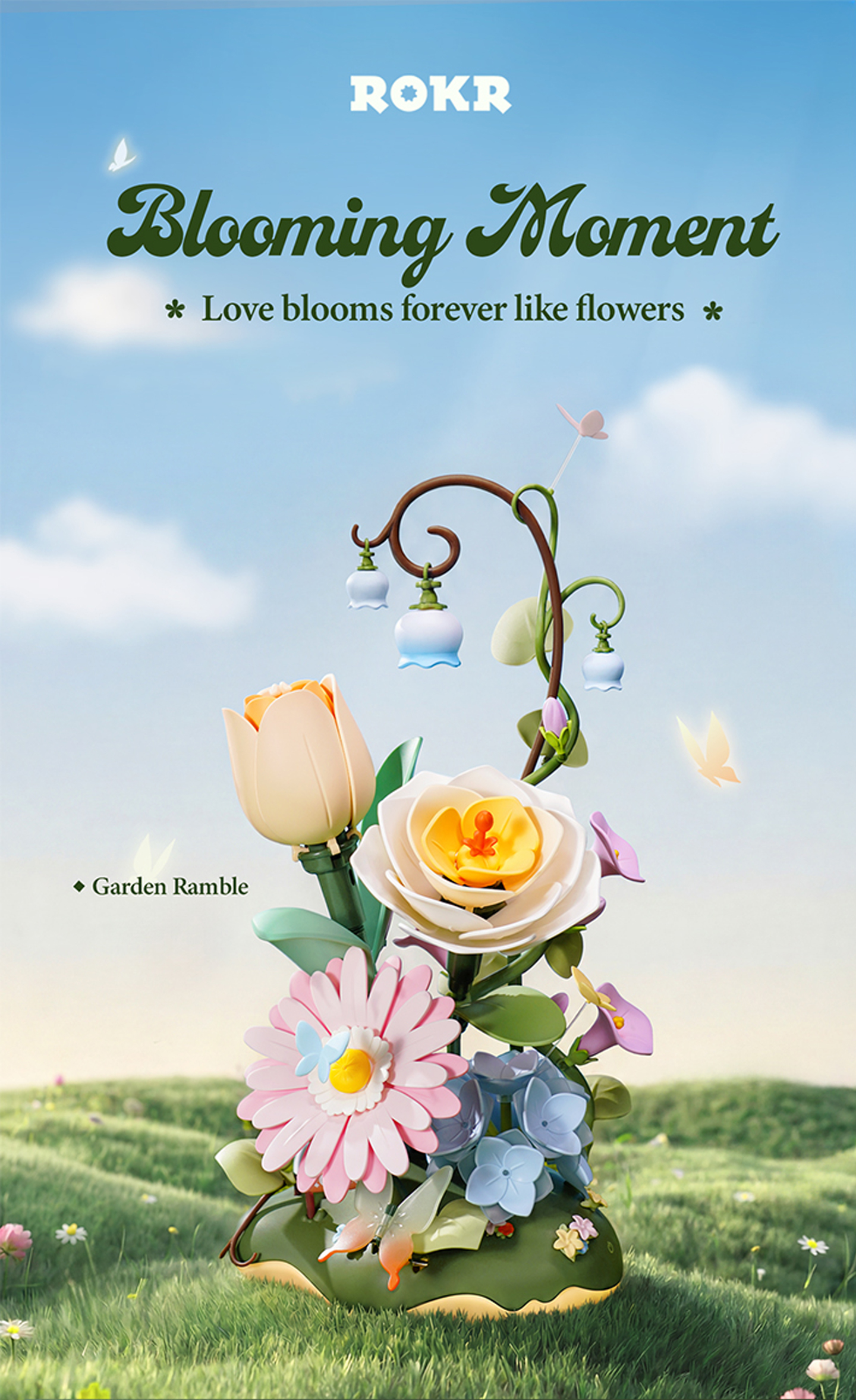 ROKR Garden Ramble AF02D - DIY Flower 3D Puzzle Kit feature detail panel showing product highlights for SKU AF02D