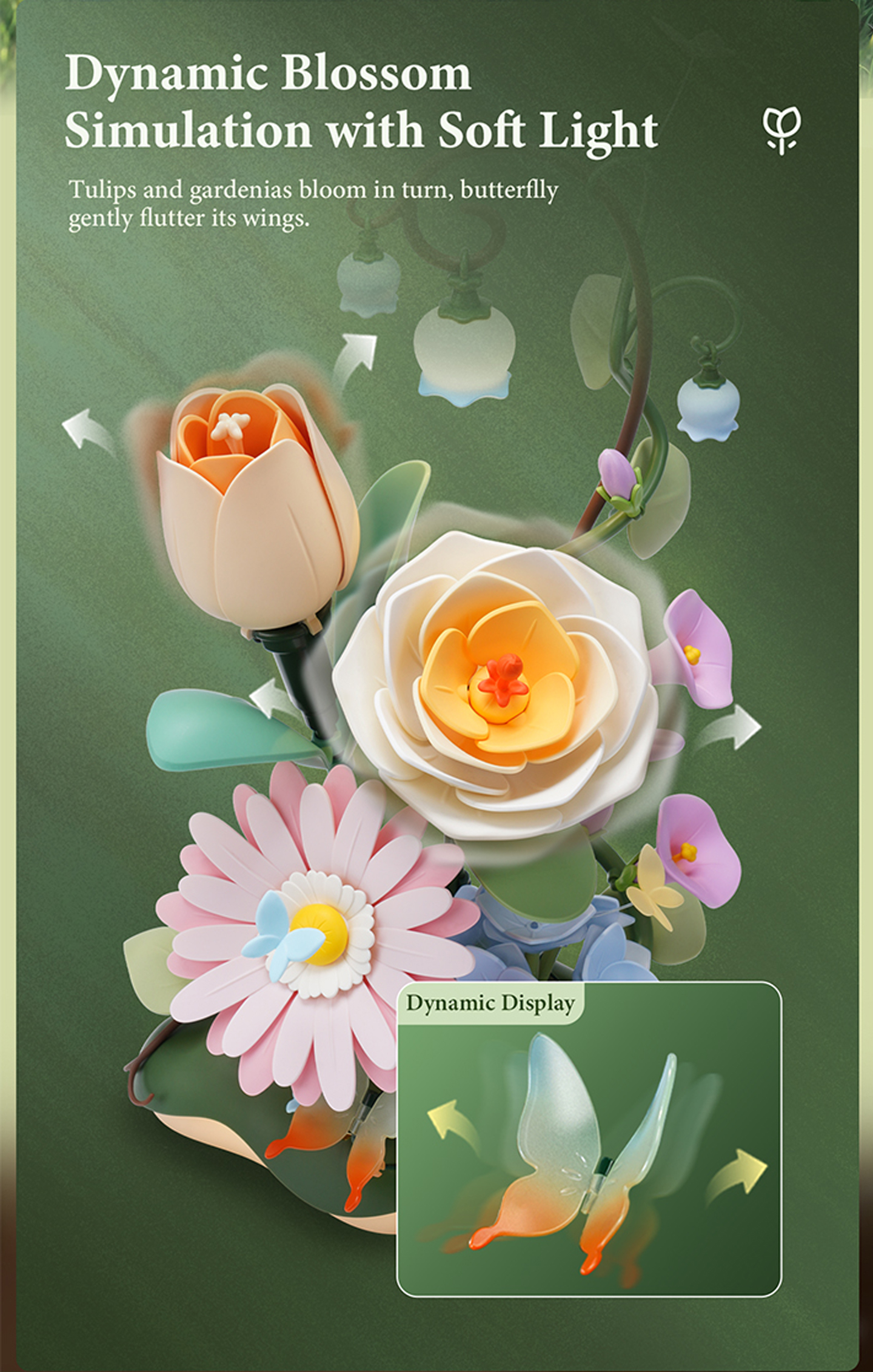 ROKR Garden Ramble AF02D - DIY Flower 3D Puzzle Kit feature detail panel showing product highlights for SKU AF02D