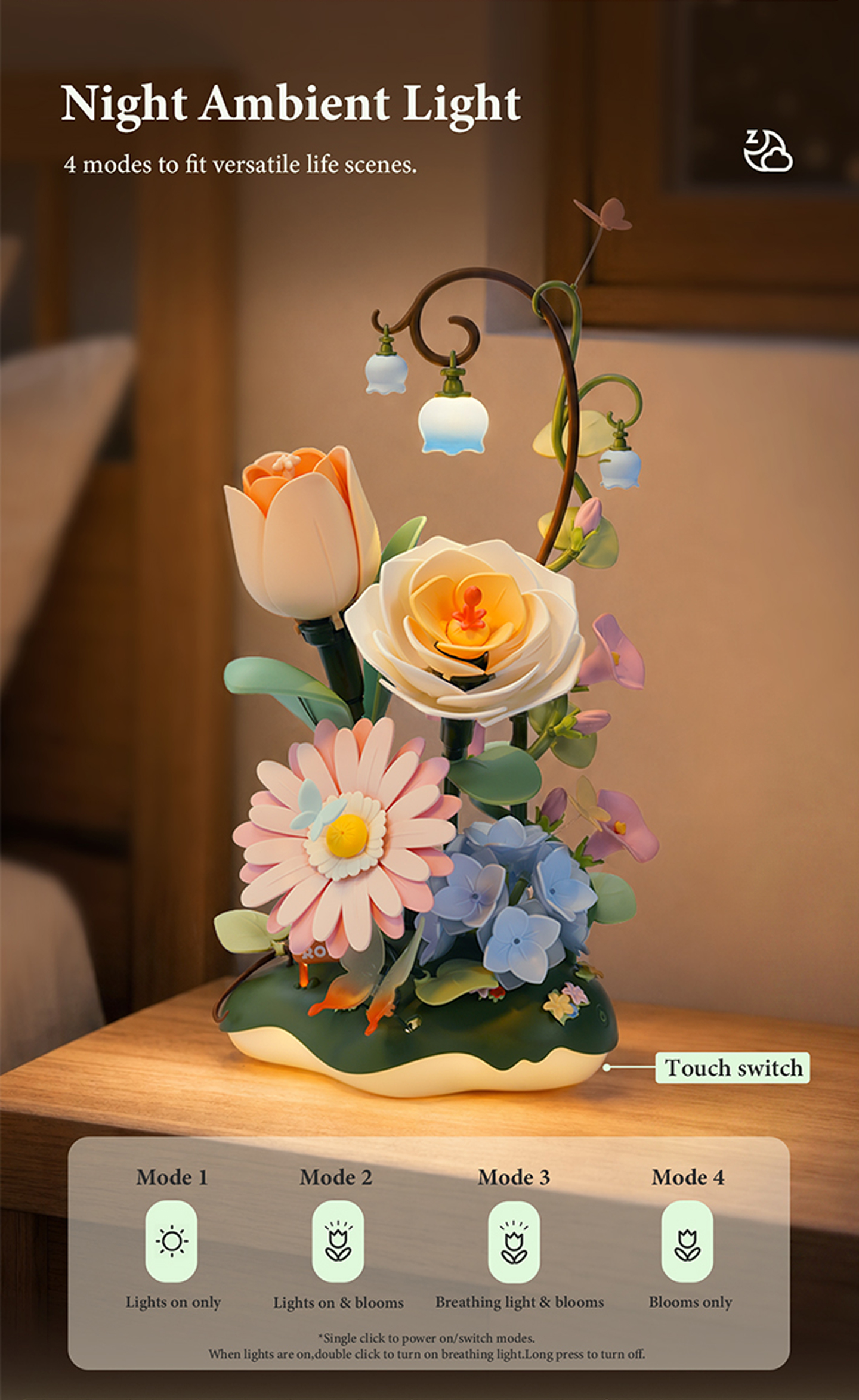 ROKR Garden Ramble AF02D - DIY Flower 3D Puzzle Kit feature detail panel showing product highlights for SKU AF02D