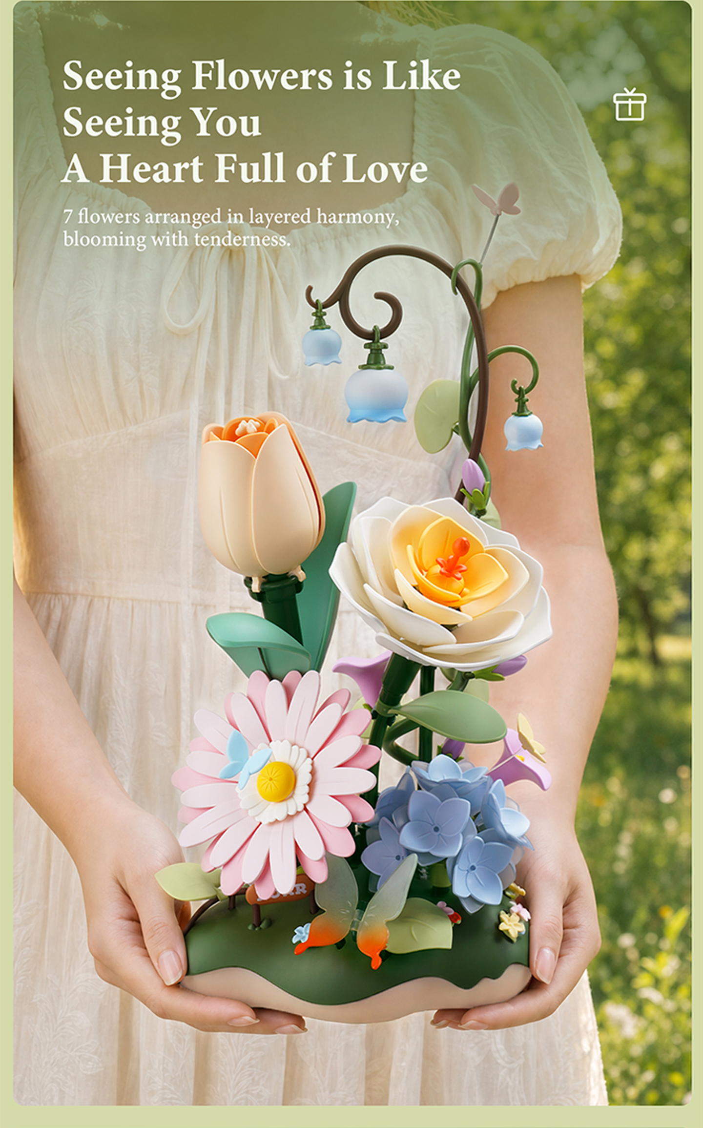 ROKR Garden Ramble AF02D - DIY Flower 3D Puzzle Kit feature detail panel showing product highlights for SKU AF02D