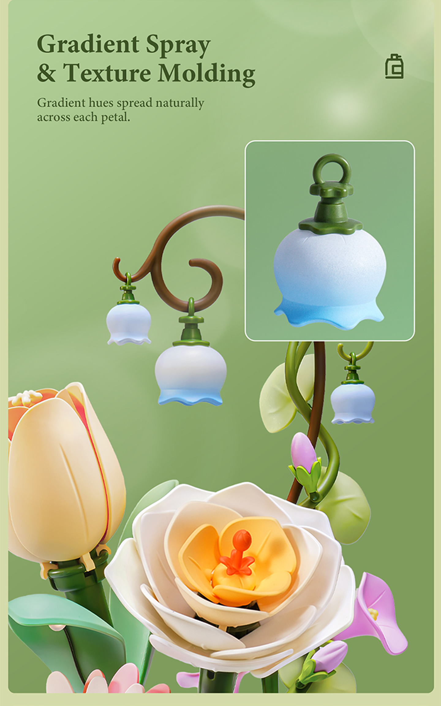 ROKR Garden Ramble AF02D - DIY Flower 3D Puzzle Kit feature detail panel showing product highlights for SKU AF02D
