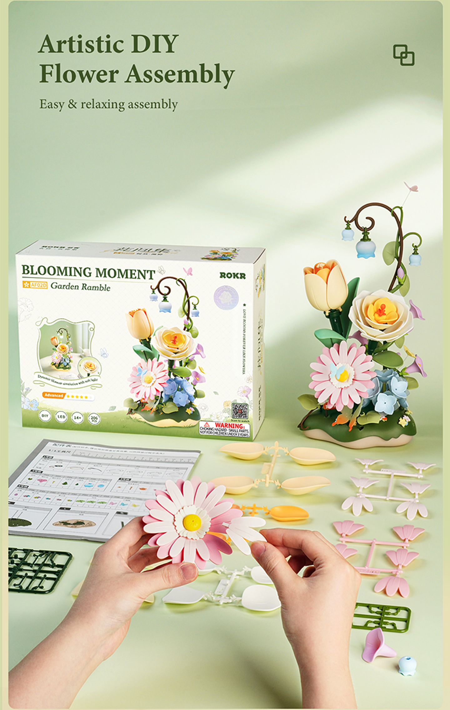 ROKR Garden Ramble AF02D - DIY Flower 3D Puzzle Kit feature detail panel showing product highlights for SKU AF02D