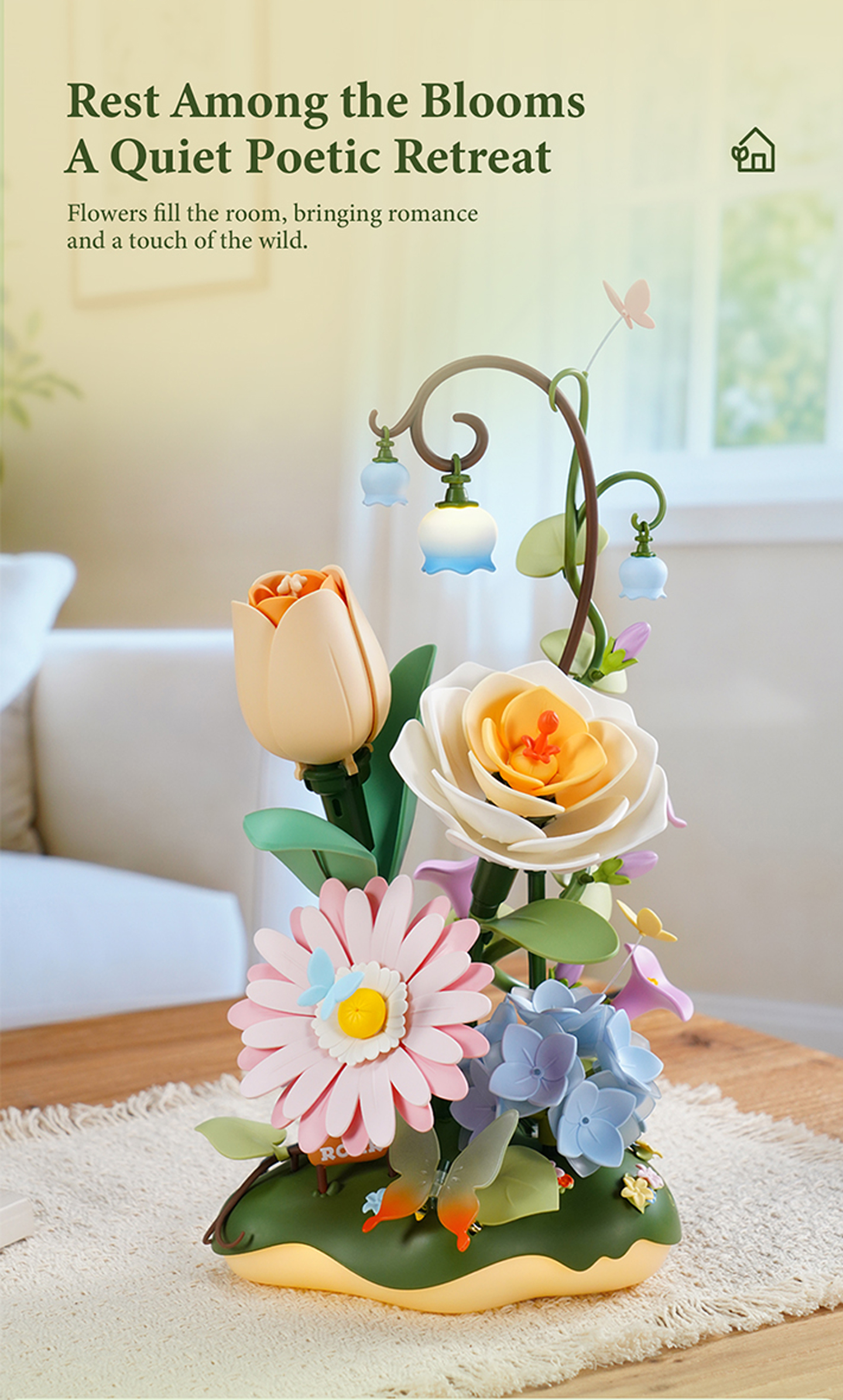 ROKR Garden Ramble AF02D - DIY Flower 3D Puzzle Kit feature detail panel showing product highlights for SKU AF02D