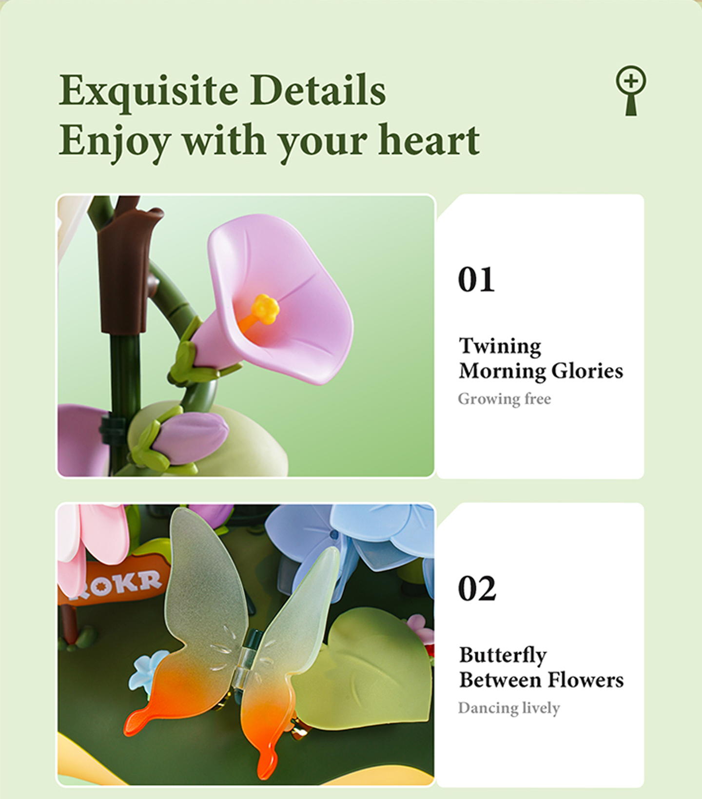 ROKR Garden Ramble AF02D - DIY Flower 3D Puzzle Kit feature detail panel showing product highlights for SKU AF02D