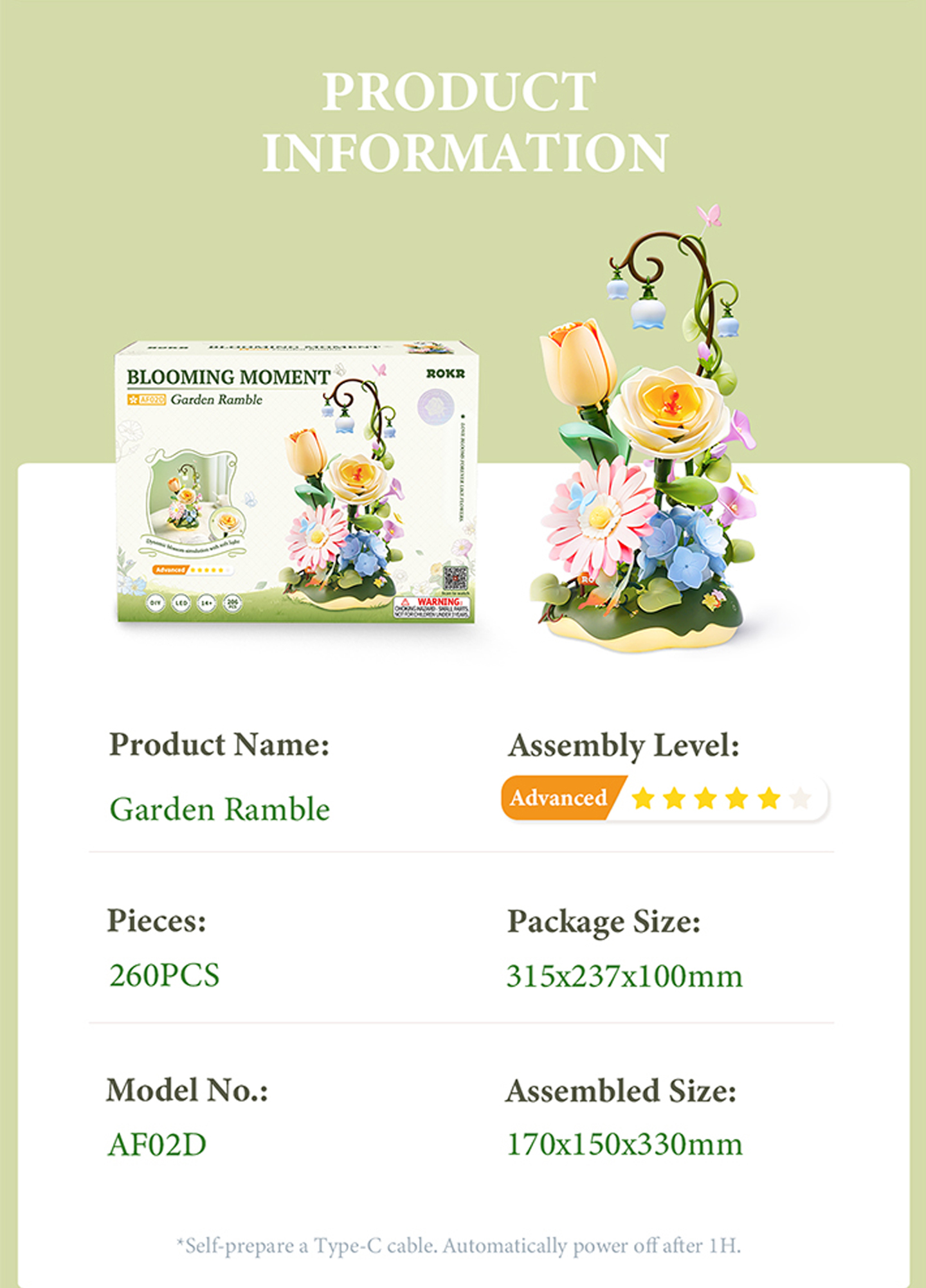 ROKR Garten Ramble AF02D - DIY Blumen 3D Puzzle Kit Merkmale Detailpanel, das die Produkt-Highlights für SKU AF02D zeigt
