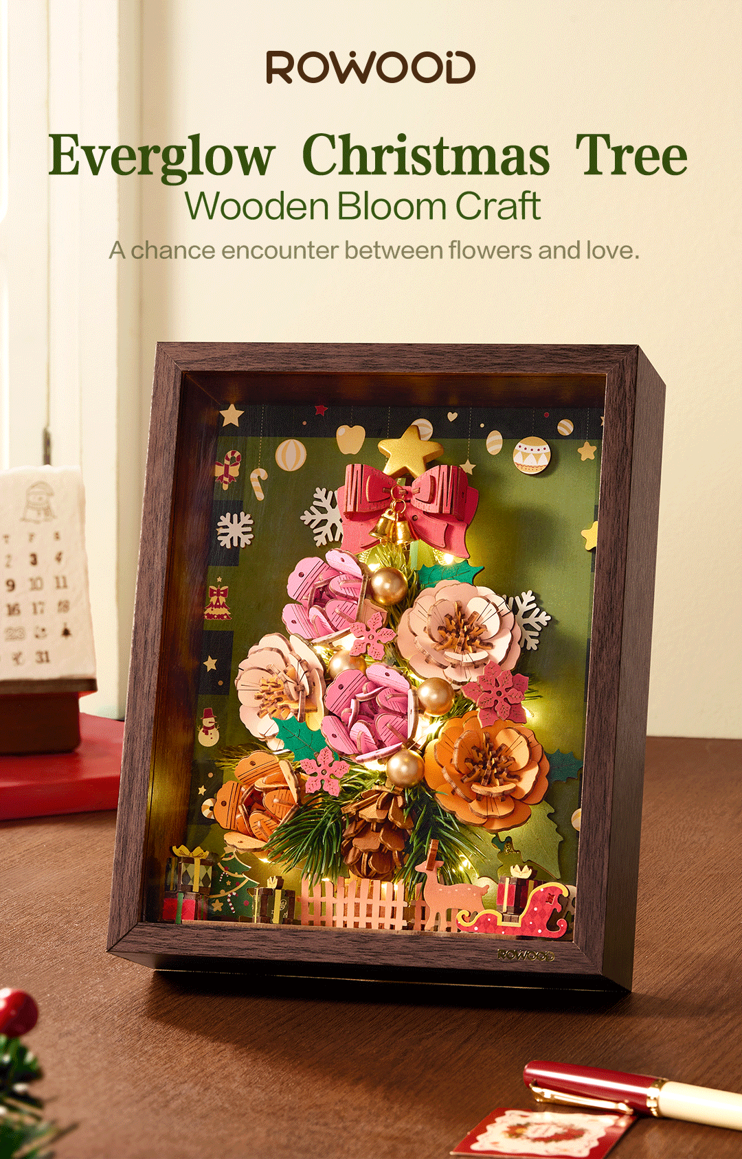 Rowood Everglow Christmas Tree TW05H framed floral holiday display with warm lights