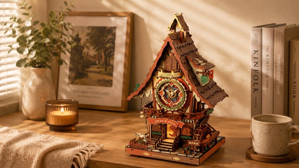 Wooden house-shaped clock displayed beside books on a table
