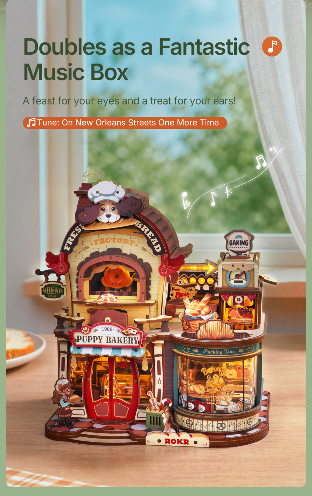 Illuminated ROKR Dream Bread Factory shown with its music-box tune title