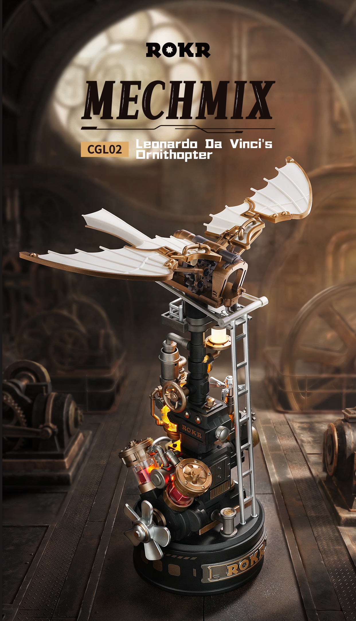 Leonardo Da Vinci's Ornithopter CGL02 feature detail panel showing product highlights for SKU CGL02