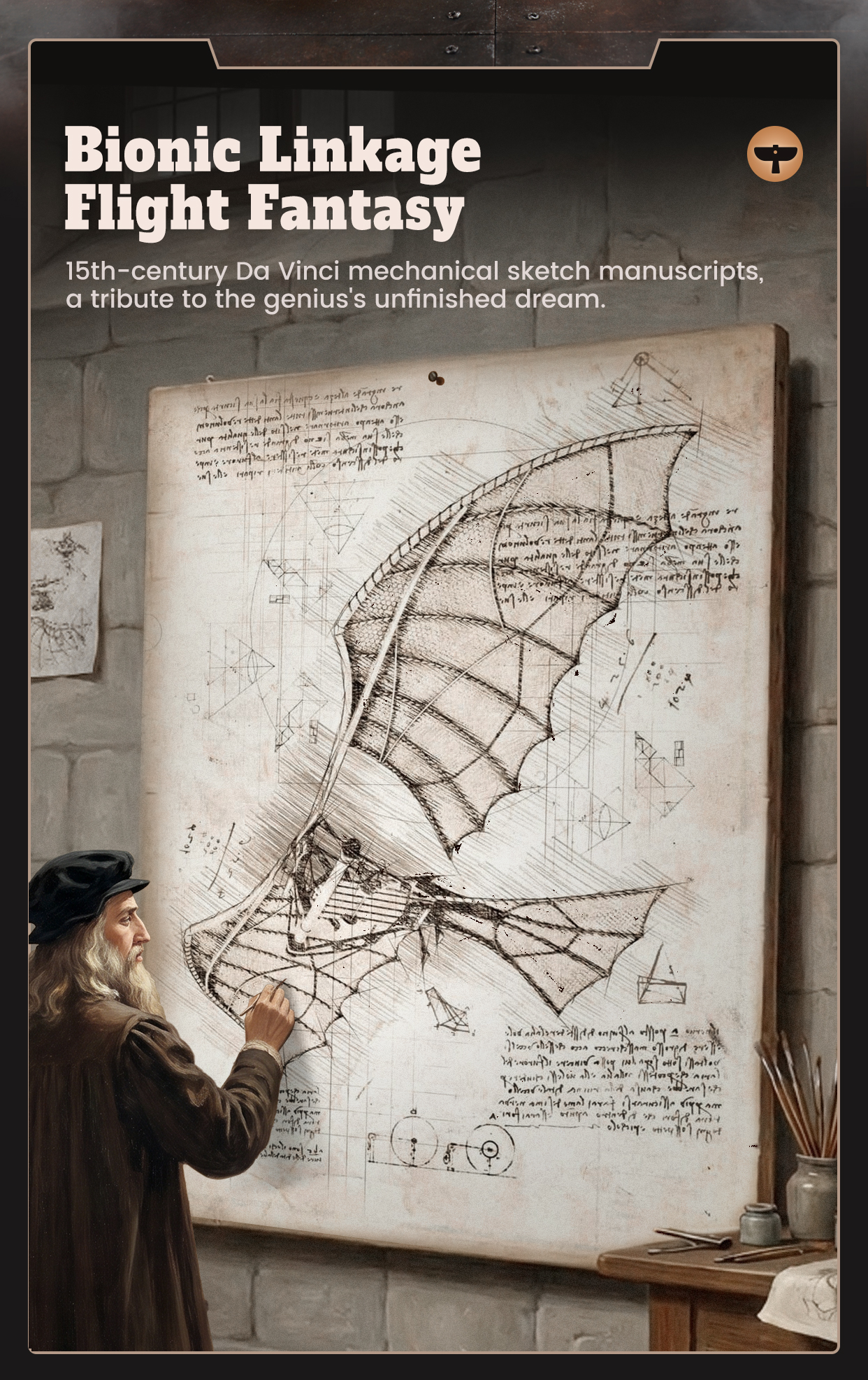 Leonardo Da Vinci's Ornithopter CGL02 feature detail panel showing product highlights for SKU CGL02