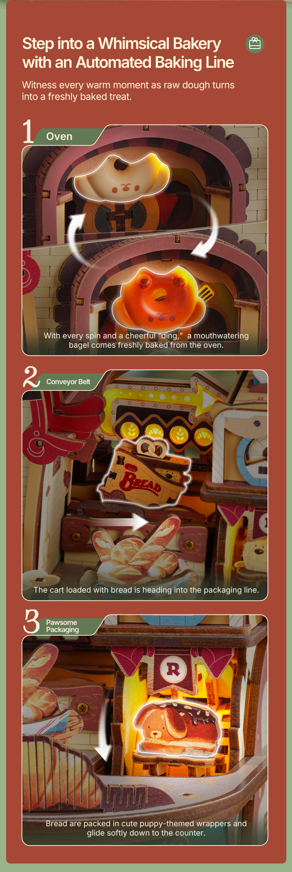 ROKR EAB03 product panel showing oven, bread cart, and puppy-themed packaging scenes