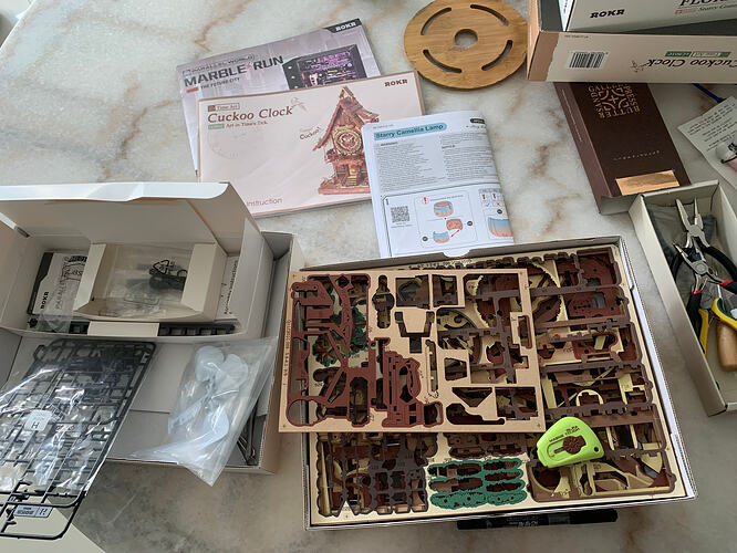 Unused wooden boards and spare parts before sorting