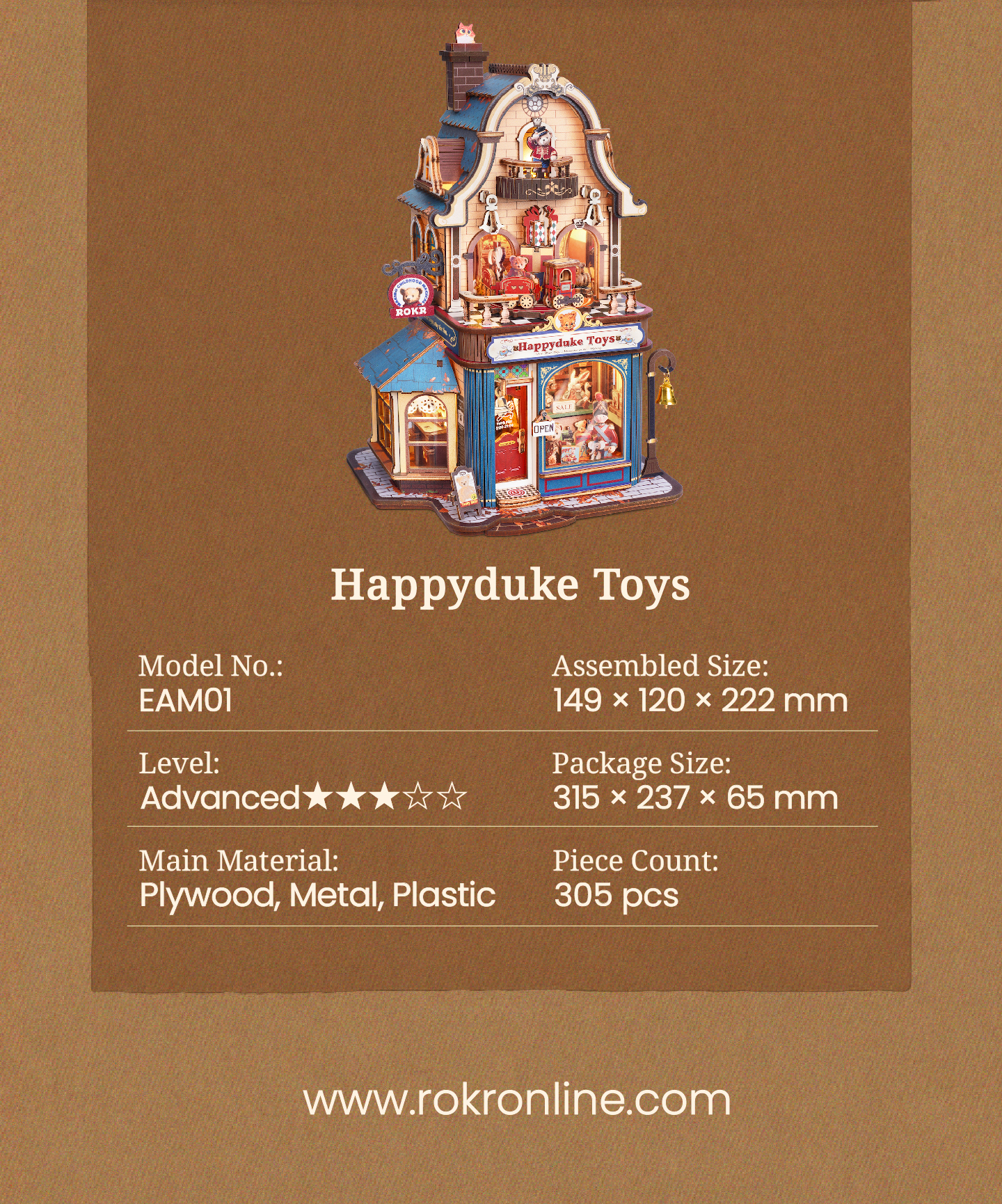 ROKR Happyduke Toys EAM01 - Wooden 3D Model Kit finished model and product detail panel for SKU EAM01
